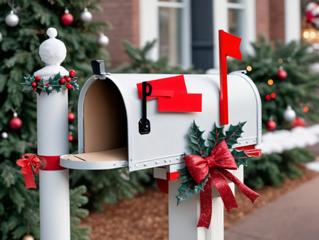 A White Mailbox With A Red Bow And A Red Bow. Generative AIの素材