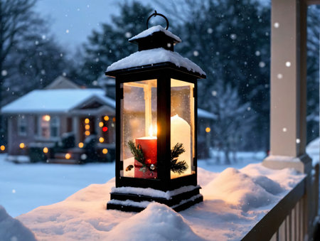 A Lantern Is Lit In The Snow On A Porch. Generative AIの素材