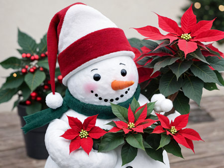 A Snowman With A Green Scarf And Red Hat. Generative AIの素材