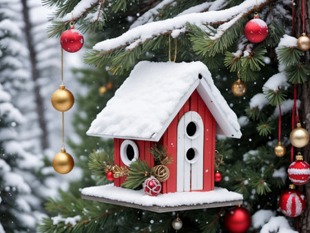 A Birdhouse With Ornaments Hanging From The Tree. Generative AIの素材