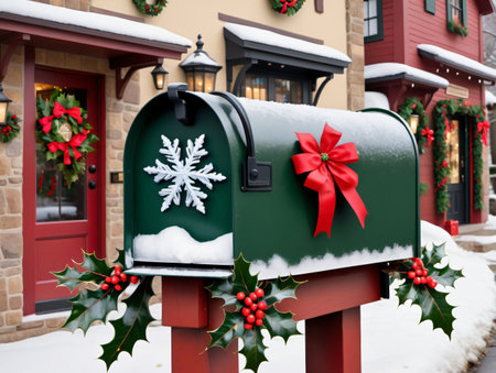 A Green Mailbox With A Red Bow. Generative AIの素材