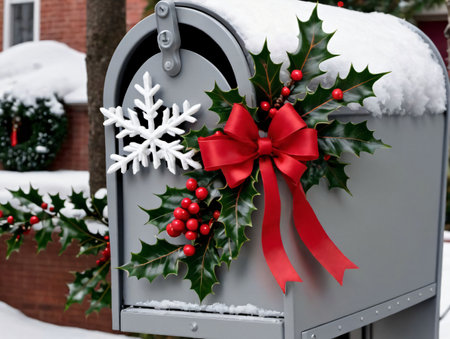 A Mailbox With A Red Bow And Holly. Generative AIの素材