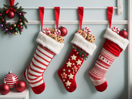 Christmas Stockings Hanging On A Wall. Generative AIの素材