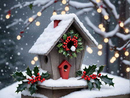 A Birdhouse With Holly And Red Berries On It. Generative AIの素材