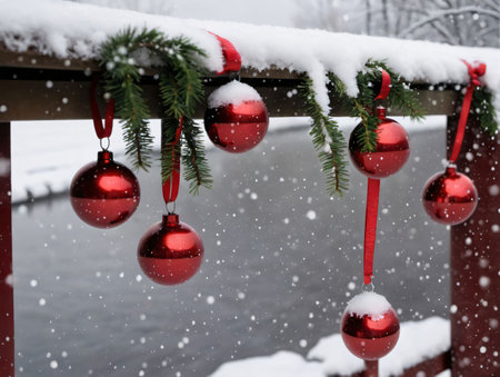 A Red Christmas Ball Hanging From A Red Wooden Fence. Generative AIの素材