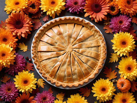 A Pie With A Pie Crust On Top Of It Surrounded By Flowers. Generative AIの素材