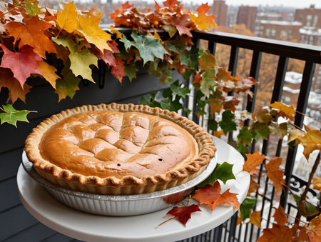A Pie On A Plate On A Balcony. Generative AIの素材