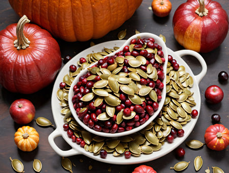 A Bowl Of Pumpkin Seeds And Pumpkins. Generative AIの素材