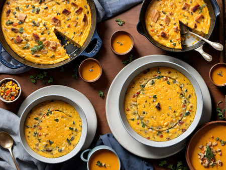 A Table Topped With Bowls Of Soup And Bowls Of Soup. Generative AIの素材