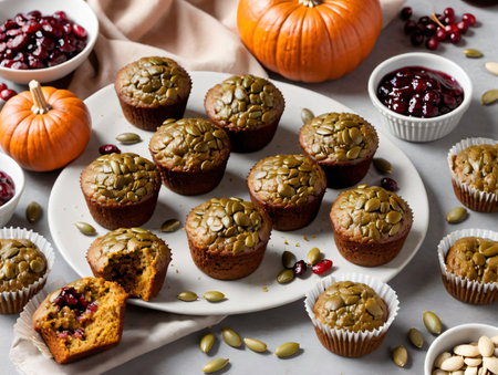 A Plate Of Muffins With A Bowl Of Cran And A Bowl Of Cran. Generative AIの素材