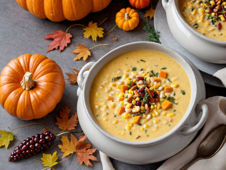Two Bowls Of Soup With Corn And Pumpkins. Generative AIの素材