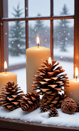 Pine Cones And Candles On A Snowy Windowsill, Twilight, Indoor, Front View. Generative AIの素材