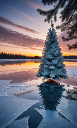 Christmas Tree And Garland Reflected In A Frozen Lake, Sunset, Outdoor, Wide-Angle. Generative AIの素材