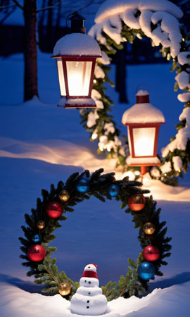 Lanterns Casting Shadows On A Snow-Covered Christmas Wreath, Night, Outdoor, Front View. Generative AIの素材