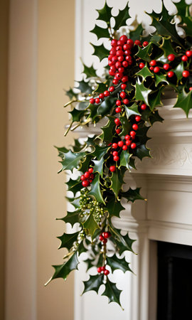 Mistletoe And Holly Adorning A Fireplace Mantel, Dawn, Indoor, Shot From Below. Generative AIの素材