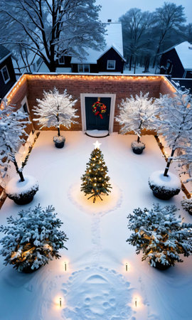 A Bird'S-Eye View Of A Snow-Covered Garden With Christmas Lights. Generative AIの素材
