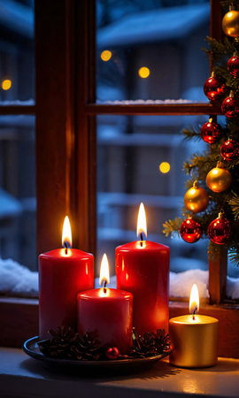 Glowing Christmas Candles On A Windowsill At Night. Generative AIの素材