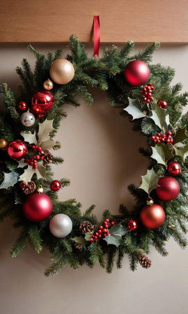Christmas Cards Displayed Around A Wreath, Afternoon, Indoor With Natural Lighting, Close-Up. Generative AIの素材