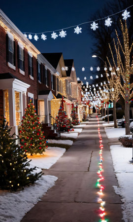 A Street Lined With Houses Decorated With Christmas Lights. Generative AIの素材
