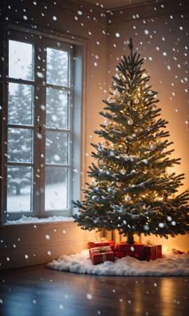 A Softly Lit Room With A Christmas Tree And Snow Falling Outside. Generative AIの素材