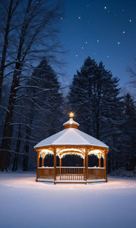 Twinkling Lights On A Snow-Covered Gazebo At Dusk. Generative AIの素材
