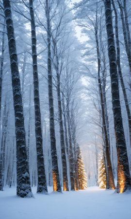 A Forest Of Snow-Covered Trees With Twinkling Lights. Generative AIの素材
