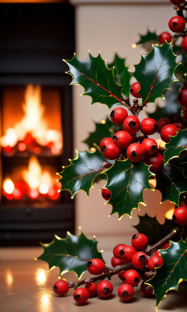 Holly Branches With Berries Beside A Glowing Fireplace, Evening, Indoor, Close-Up. Generative AIの素材
