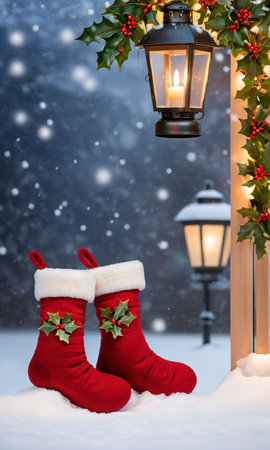 Christmas Stockings And Mistletoe Against A Backdrop Of Snowfall, Under The Soft Glow Of Lantern Light. Generative AIの素材