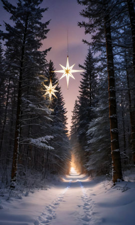 A Christmas Star Illuminating A Snowy Forest Path, Captured At Dusk. Generative AIの素材