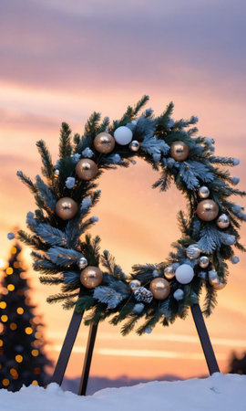 A Close-Up Of A Snowy Wreath Adorned With Twinkling Lights, Against A Sunrise Sky. Generative AIの素材
