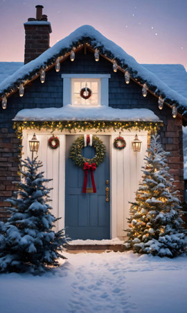 A Snowy Cottage With A Wreath On The Door, Surrounded By Trees Strung With Lights, Shot At Dawn. Generative AIの素材