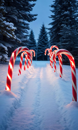 A Snowy Landscape With Illuminated Candy Canes Lining A Path, Shot At Dusk. Generative AIの素材