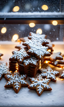 Iced Gingerbread Cookies On A Snowy Window Ledge, With The Reflection Of Christmas Lights. Generative AIの素材