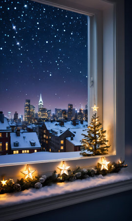 A Snowy Window Ledge Adorned With Illuminated Stars, With The Glow Of City Lights In The Background. Generative AIの素材