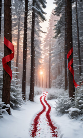 A Forest Path At Dawn, Covered In Snow, With Trees Adorned By Twinkling Lights, Pine Branches, And Red Ribbons. Generative AIの素材