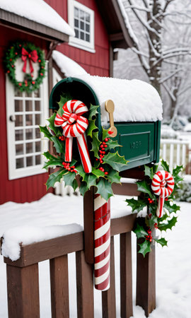 Photo Of Christmas Snow-Covered Mailbox Filled With Candy Canes And Holly Leaves Outside A Quaint Cottage. Generative AIの素材