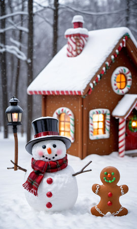 Photo Of Christmas Snowman Holding A Lantern Beside A Gingerbread House In A Snow-Covered Meadow. Generative AIの素材