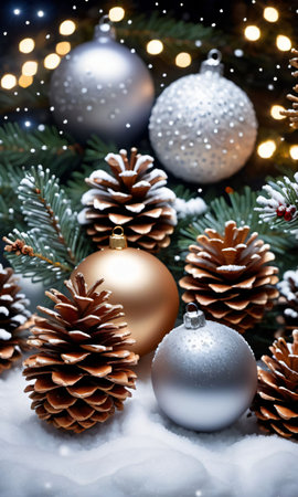 Christmas Baubles, Twinkling Lights, And Snow-Covered Pine Cones Arranged In A Festive Display, Shot Under The Starlit Night Sky. Generative AIの素材