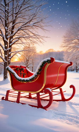 An Old-Fashioned Sleigh Adorned With Twinkling Lights And Red Ribbons, Sitting In Fresh Snow, Under The Golden Hour Sky. Generative AIの素材