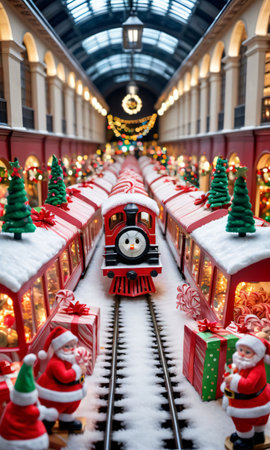 Photo Of Christmas Toy Train Going Through A Tunnel Of Gifts And Candy Canes In A Bustling Train Station. Generative AIの素材
