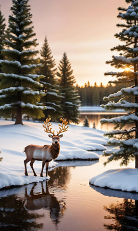 A Snowy Landscape Featuring A Pond, With Illuminated Reindeer Ornaments And Pine Branches On The Shore, Captured During The Golden Hour. Generative AIの素材