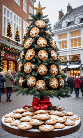 Photo Of Christmas Pine Tree Adorned With Mince Pies, Tinsel, And Star-Shaped Cookies In A Festive Town Square. Generative AIの素材