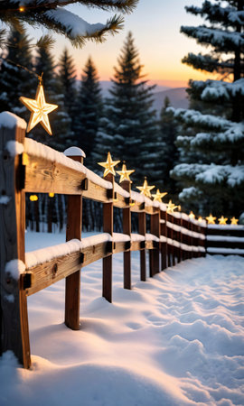 A Rustic Wooden Fence Adorned With A Glowing Star, Snow-Covered Pine Branches, And Twinkling Lights, Captured During The Golden Hour. Generative AIの素材