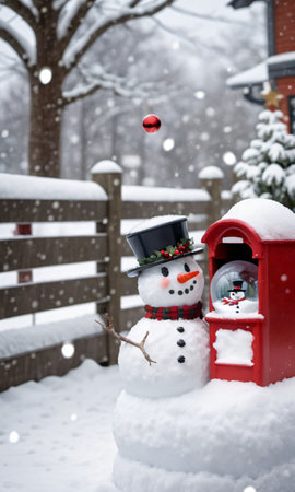 Photo Of Christmas Snowman Holding A Glass Snow Globe Beside A Snowy Mailbox, With Children Building Another Snowman In The Distance. Generative AIの素材