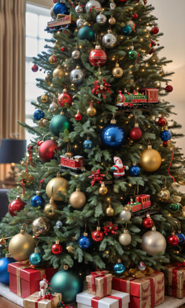 Photo Of Christmas Pine Tree Adorned With Toy Trains, Baubles, And Jingle Bells In A Festive Living Room. Generative AIの素材