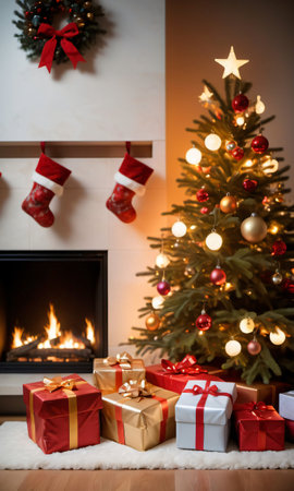 Christmas Presents Piled Near A Glowing Fireplace, Soft Indoor Lighting, Close-Up. Generative AIの素材