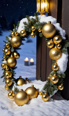 A Snowy Wreath Adorned With Golden Ornaments, Moonlit Night, Outdoor, Close-Up. Generative AIの素材
