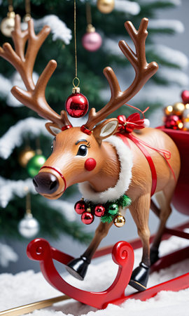 Photo Of Christmas Reindeer Pulling A Sleigh Of Ornaments. Generative AIの素材