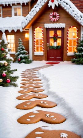 Photo Of Christmas Snowy Footprints Leading To A Gingerbread House. Generative AIの素材