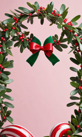 Photo Of Christmas Mistletoe Atop A Candy Cane Arch. Generative AIの素材